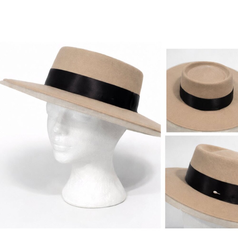 Eaton Wool Wide Brim Hat Beige Black Band Fedora 22.5” Circumference